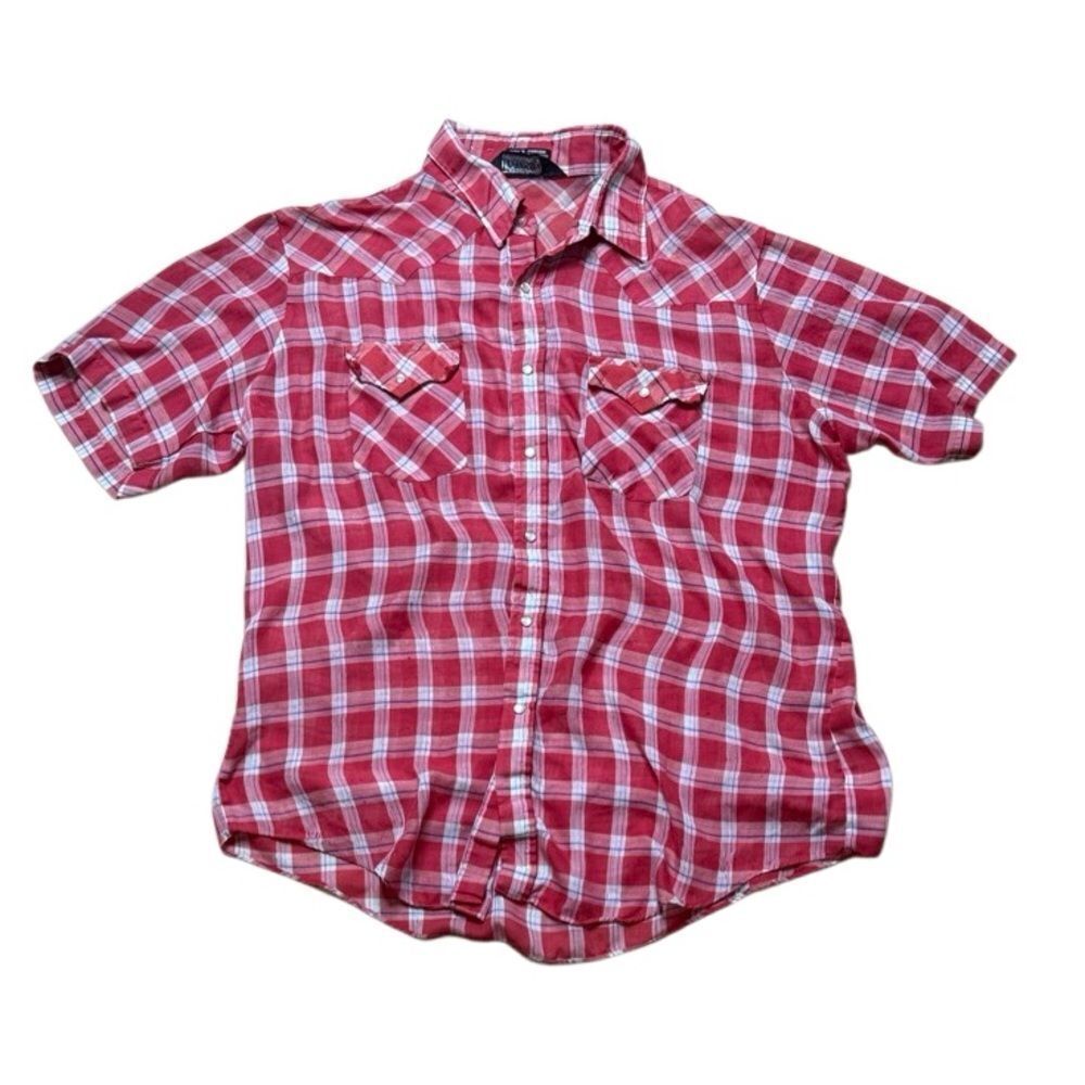 70s Vintage Townsley Woven Gingham Red Short sleeve pearl snap button down Large